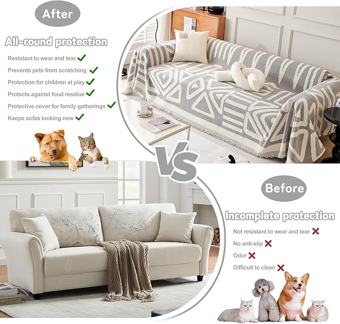 HANDONTIME Grey Sofa Cushion Covers Boho Couch Sofa Covers Dog Couch Cover for Sofa Chenille Couch Sofa Slipcover for Pets Sofa Cover Thick Washable Sectional Slip Covers for Sofas/Couches 71" X134"