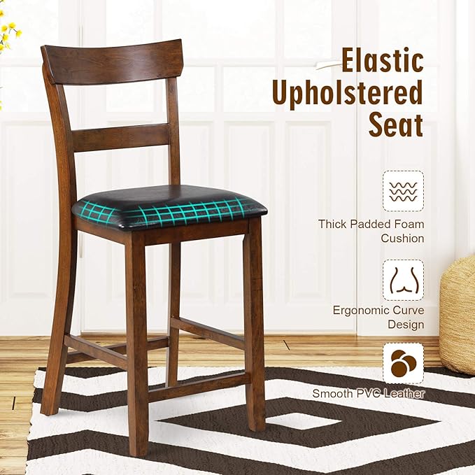 COSTWAY Bar Stools Set of 2, 25.5-Inch Counter Height Chair with Backrest, Foam-Padded Cushion, Rubber Wood Legs, Wooden Vintage Dining Chair for Bistro, Living Room, Kitchen, Brown and Black