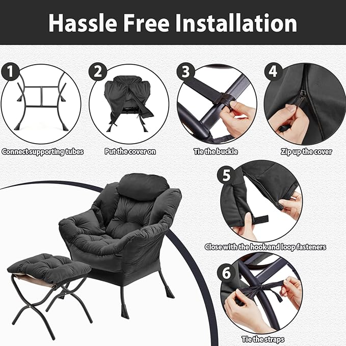 Lazy Chair with Folding Ottoman, Accent Chair Velvet Upholstered with Metal Structure and Non-Slip Pads, Sofa Armchair with Footrest and Side Storage Bag for Dorm, Office, Charcoal