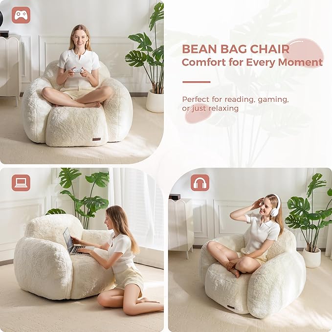 MAXYOYO Bean Bag Chair, Comfy Pebble Shaped Single Bean Bag Sofa for Adults, Stuffed Floor Sofa with Supportive Backrest & Armrests, Modern Faux Fur Accent Chair for Living Room & Bedroom, Beige