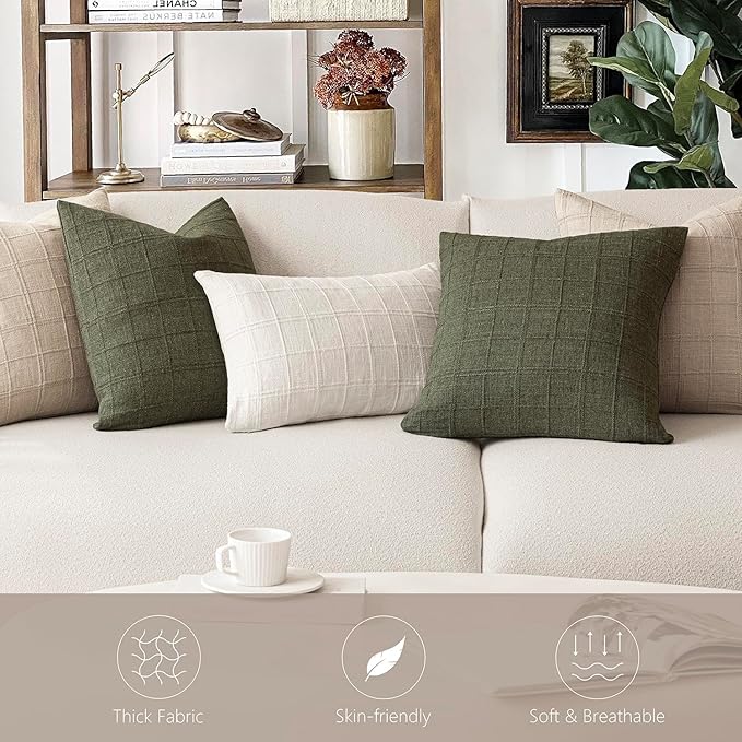 Foindtower Set of 2 Decorative Linen Check Throw Pillow Covers Neutral Farmhouse Vintage Cushion Covers Modern Boho Home Decor For Sofa Chair Couch Bedroom Living Room Outdoor,16×16 Inch,Natural Linen