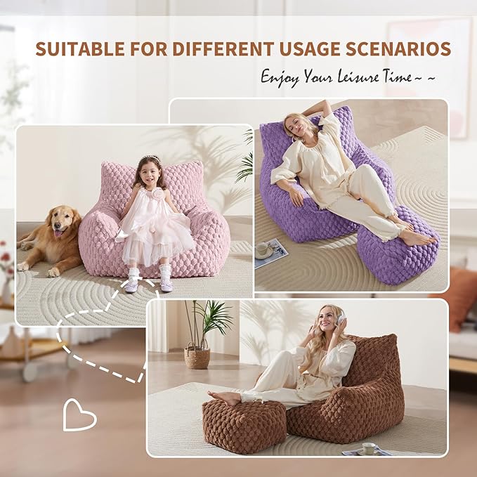 Bean Bag Chair with Ottoman - Modern Comfy Beanbag Sofa with Footrest, Soft Faux Fur Lounger Chair for Adults Teens, Cozy Memory Foam Filled Gaming Reading Chairs for Bedroom, Living Room (Dusty Pink)