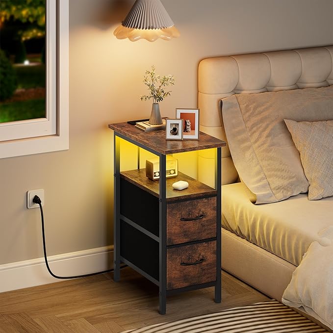 Vagusicc Nightstand with Charging Station and LED Lights, Narrow Side Table, LED Night Stand with 2 Fabric Drawers, Bedside Table with USB Ports and Outlets, Tall Nightstand for Bedroom, Rustic Brown