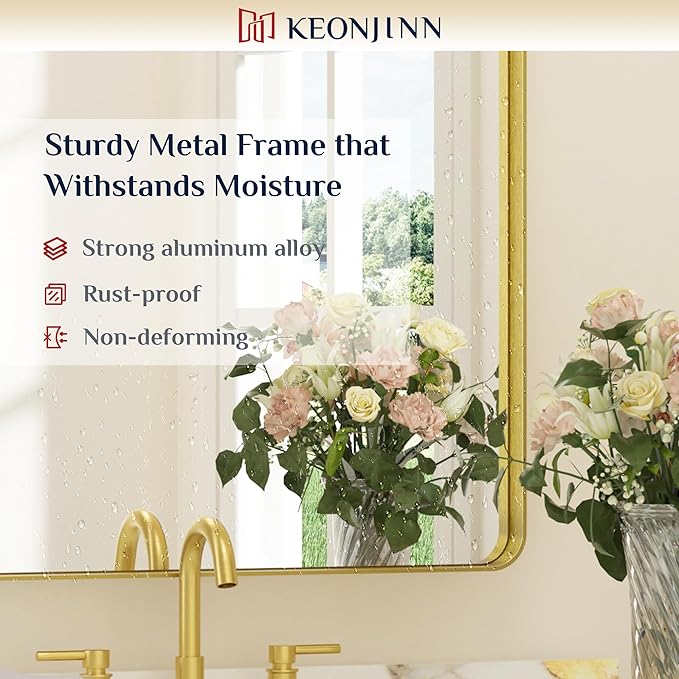 Keonjinn Gold Bathroom Mirrors for Wall 20 x 30 Inch Rounded Rectangle Gold Vanity Mirror, Brushed Brass Mirror with Metal Frame, HD Tempered Glass, Decorative Farmhouse Mirror(Horizontal/Vertical)