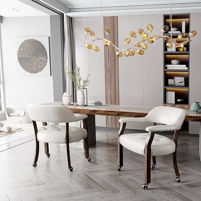 LEEMTORIG Large Dining Chairs with Casters and Arms, Rolling Dining Chairs with Wheels, Accent Solid Wood Boss Caption's Chairs, 26" D x 25.2" W x 31.5" H, Espresso Legs & Ivory PU SY-318-WT