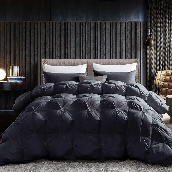 Luxurious All-Season Goose Down Feather Fiber Comforter California King Size Duvet Insert, Exquisite Pinch Pleat Design, Premium Baffle Box, 100% Egyptian Cotton Cover, 80 oz. Fill Weight, Black