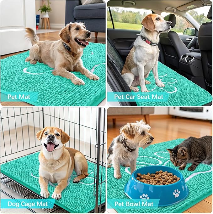 OLANLY Door Mat for Muddy Dog Paws 40x32, Ultra Absorbent Chenille Mud Doormat with Paw Print Design, Non-Slip Washable Doormat for Indoor Entryway, Quick-Dry Pet Bed Mats for Dirty Dogs, Teal