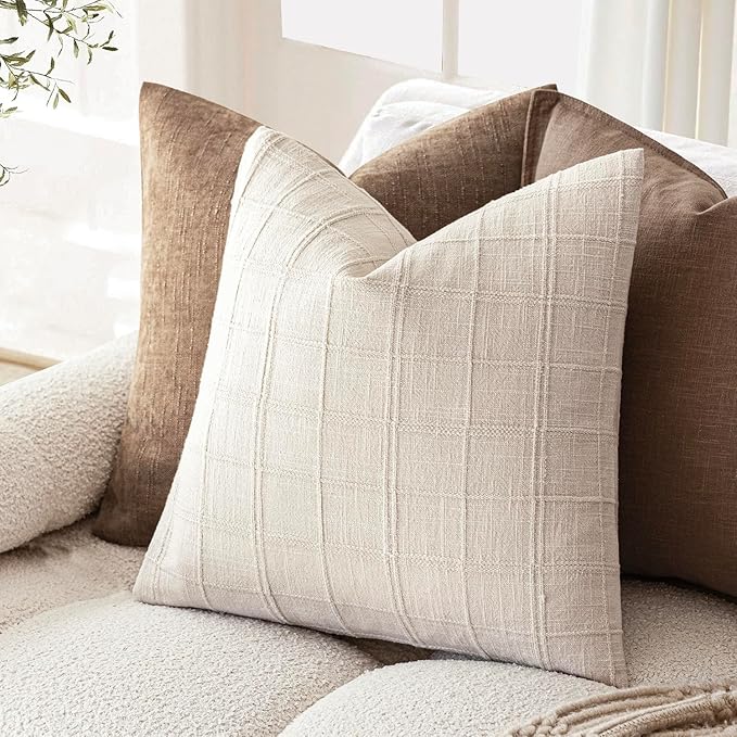 Foindtower Set of 2 Decorative Linen Check Throw Pillow Covers Neutral Farmhouse Vintage Cushion Covers Modern Boho Home Decor For Sofa Chair Couch Bedroom Living Room Outdoor,26×26 Inch,Natural Beige
