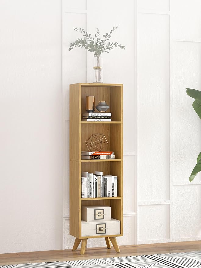 Manora Small Bookcase with 4 Open Shelves, Modern Bookshelf with Wooden Legs, Narrow Storage Organizer for Living Room, Bedroom, Office, Oak