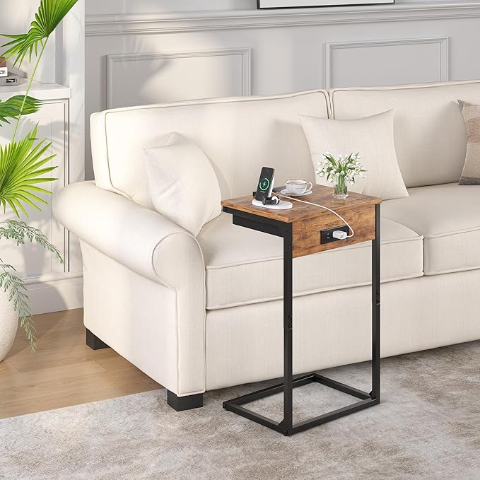C Shaped End Table with Charging Station,45° Tiltable Adjustable Flip Top Side Table Set of 2,Small C Table Set 2 for Small Spaces,Slide Under Couch Sofa Bedside Table Living Room,Rustic Brown