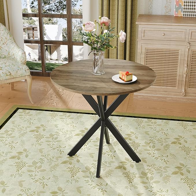 Unovivy 31.5" Small Round Dining Table for 2-4, Space Saving Circle Kitchen Dinner Table, Industrial Mid Century Modern Dining Room Desk for Kitchen, Apartment, Natural Oak