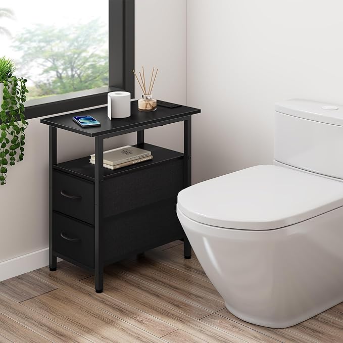 Vagusicc End Table with Charging Station Set of 2, Narrow Side Table, 23.8'' Tall Nightstand with 2 Drawers, Small Sofa Side Table Narrow Nightstand for Small Spaces, Living Room, Bedroom, Black