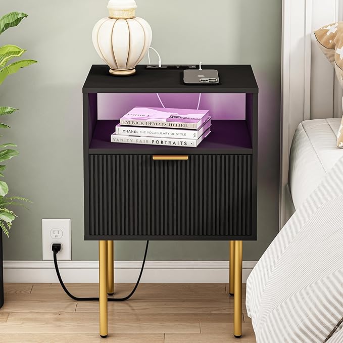 Modern Nightstand with Charging Station and LED Lights, Black Nightstand with Drawer, Fluted Nightstand for Living Room, Bedroom