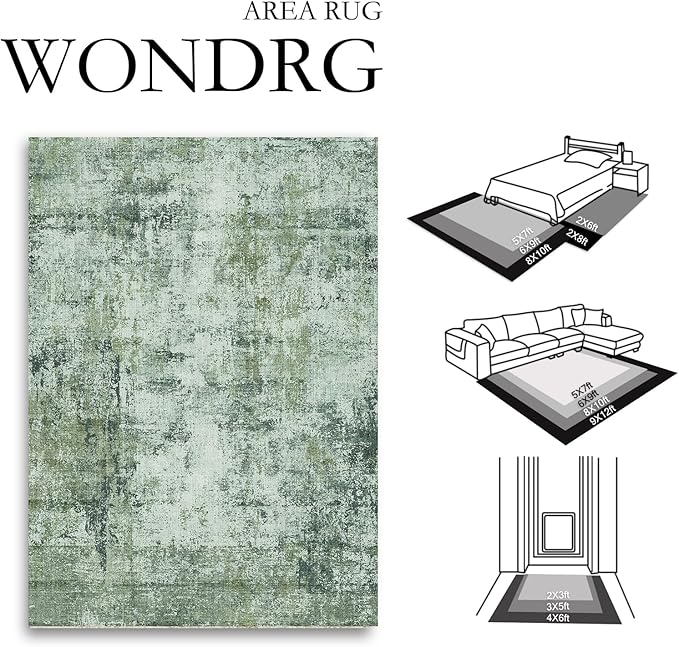5x7 Washable Area Rug Dark Green Modern Neutral Abstract Living Room Bedroom Indoor Floor Carpet Low Pile Soft Non-Slip Lightweight Vacuumable Throw Rug for Kitchen Nursery Dining Room