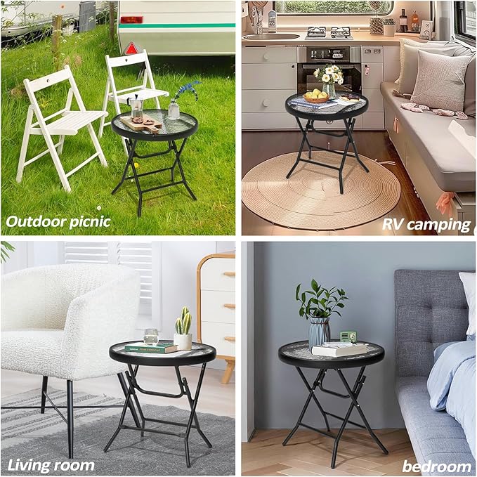 Foldable Patio Side Table Set of 2 with Tempered Glass Top 18" Folding Outdoor Side Tables Set of 2 Small Glass Patio End Tables for Porch Yard Balcony Deck Lawn Dining Garden (Black)