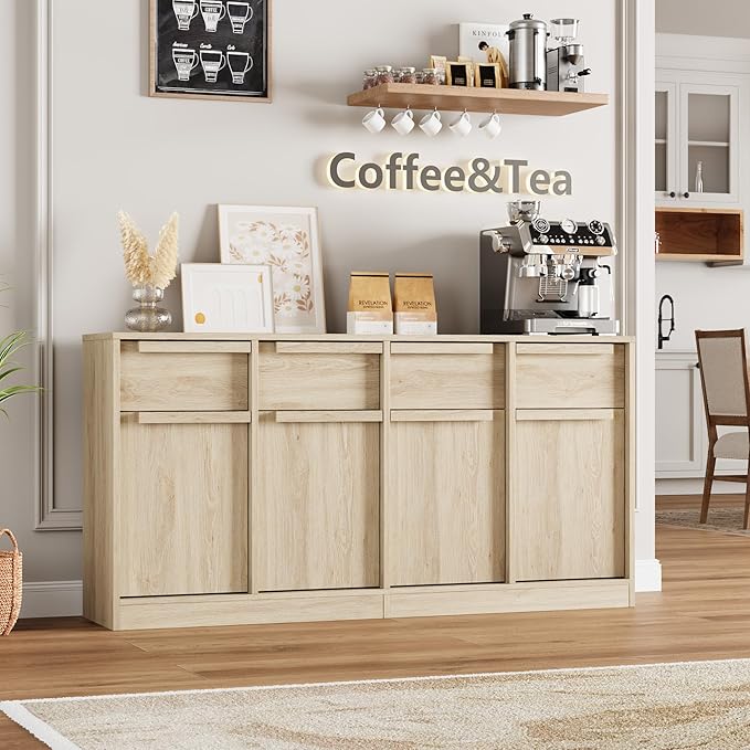 GarveeHome Sideboard Buffet Cabinet with 4 Drawers, 62.4" Large Coffee Cabinet with Storage, Modern Storage Buffet Table for Kitchen Dining Room, Living Room (Pear Wood, 4 Doors & 4 Drawers)