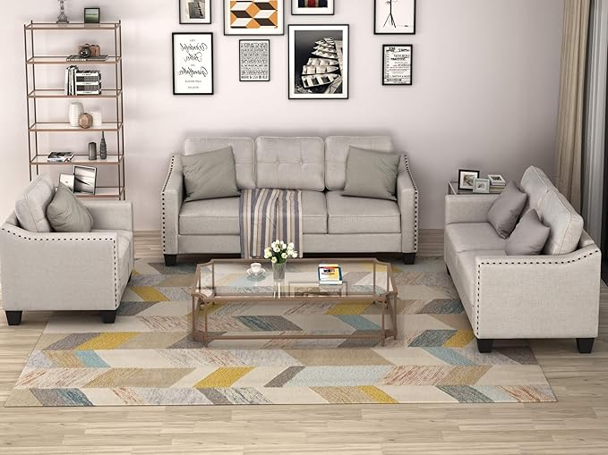 3 Pieses Living Room Sofa Sets Linen Blend Button Tufted Retro Sofa&Couch Include 3 Seaters Couch, Loveseat and Armchair with Waved Armrests and Nailhead Decor for Home Apartment Office
