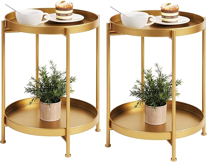 Tiita 2 Pack Round End Table Mental Side Table Nightstand/Small Wood Tables Accent Coffee Table with Wooden Tray for Living Room Bedroom Office Small Space