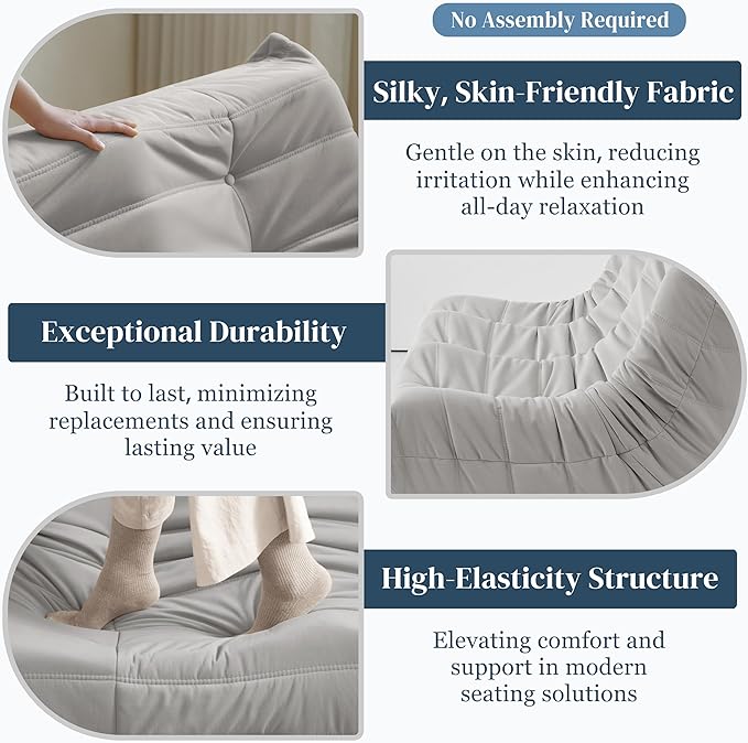 Bean Bag Chair, Large Fireside Chair Bean Bag Sofa for Adults, 3 Seater Bean Bag Chairs for Teens with High-Resilience Foam, Memory Foam Bean Bag for Living Room, Bedroom, Office (Suede, Light Gray)