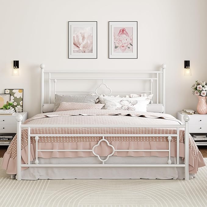 SHA CERLIN 14 Inches King Size Metal Platform Bed Frame/Vintage Iron-Art Headboard and Footboard/Mattress Foundation for Storage/No Box Spring Needed/Noise-Free/Easy Assembly/White