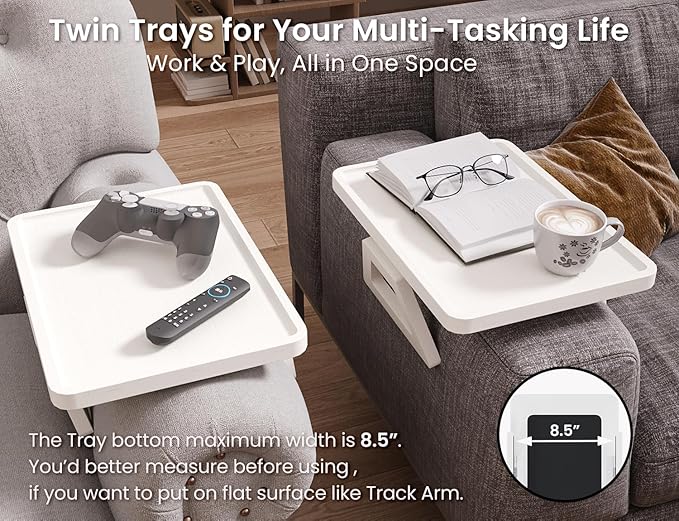 2 Pack Couch Arm Tray,Bamboo Folding Sofa Tray,Sofa Armrest Trays Clip-On Couch Desk for Drinks,Snacks,Phone,Remote Control（White）