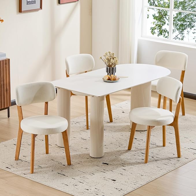 Furniliving Oak Wooden Dining Chairs Set of 4, Mid-Century Modern Linen Upholstered Kitchen Chair with Solid Wood, Farmhouse Dining Room Chairs, Beige