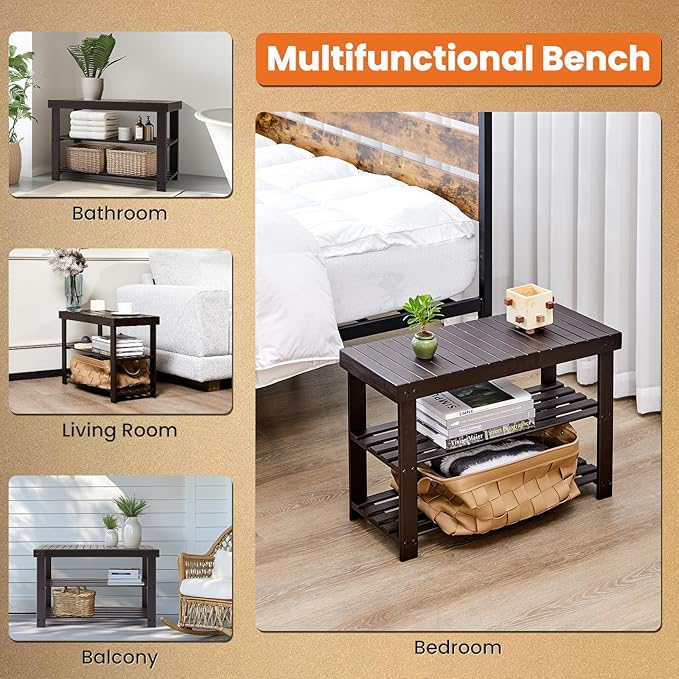 Sweetcrispy 3-Tier Shoe Rack Bench, Bamboo Entryway Storage Organizer, Shoes Stand for FrontDoor Entrance, Bedroom, Living Room, 286lb Capacity, 11.3 x 27.6 x 17.8 Inches, Chestnut