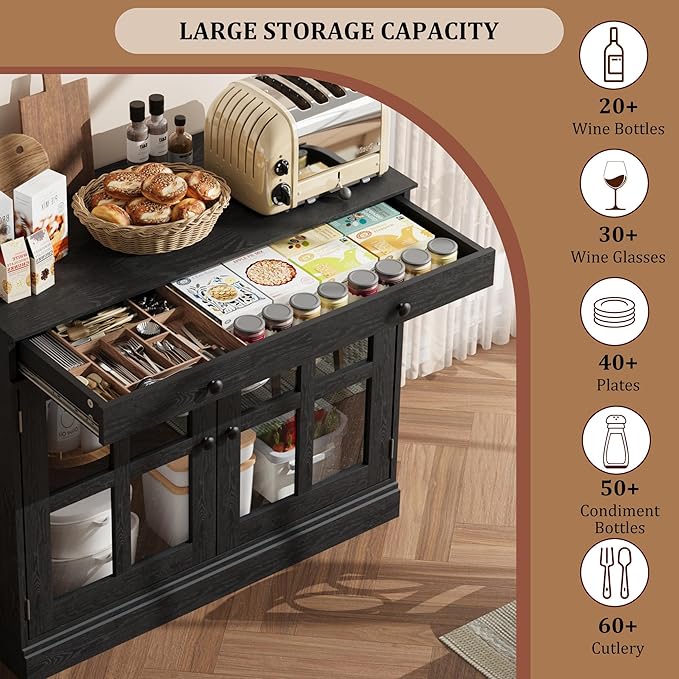 GarveeHome 35.4" Sideboard Buffet Cabinets with Glass Door, Buffet Cabinet with Storage, Black Sideboard Cabinet with Drawer, Modern Buffets & Sideboards for Dining Room, Kitchen