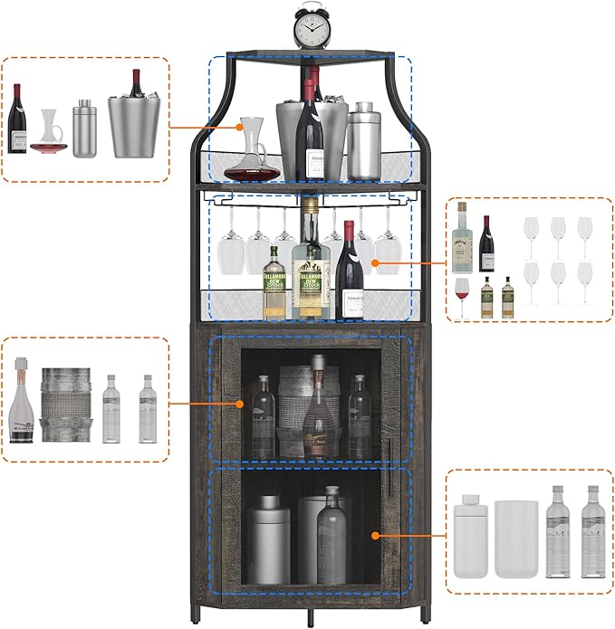 GAOMON Rustic Modern Corner Wine Cabinet, 5-Tiers Liquor Cabinet with Glass Holder, Industrial Bar Cabinet for Home, Dark Rustic Oak, 13.4"D x 18.5"W x 61"H