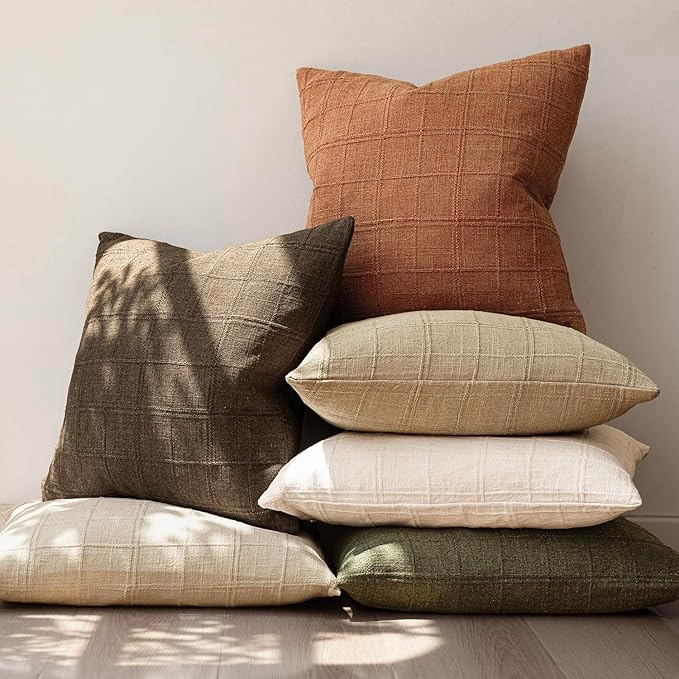 Foindtower Set of 2 Decorative Linen Check Throw Pillow Covers Neutral Farmhouse Vintage Cushion Covers Modern Boho Home Decor for Sofa Chair Couch Bedroom Living Room Outdoor,20×20 Inch,Orange