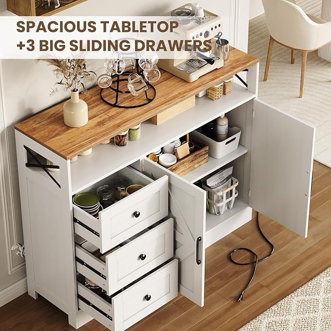 Buffet Cabinet Sideboard with Storage, 47" Farmhouse Coffee Bar Kitchen Buffet Storage Cabinet with 3 Drawers, Adjustable Shelves and Doors, Wood Kitchen Table for Dining Room Furniture
