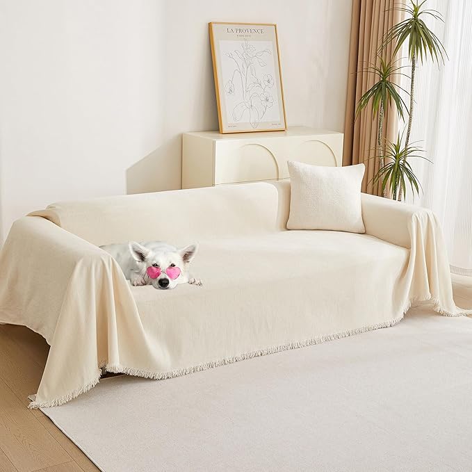 MYSKY HOME Couch Cover 3 Cushion Sofa with Tassel, Chenille Sofa Covers Couch Covers, Slipcovers for Sectional l Shaped Dogs Protector Furniture Covers, 91" X150", Beige