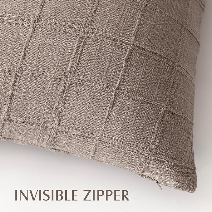 Foindtower Set of 2 Decorative Linen Check Throw Pillow Covers Neutral Farmhouse Vintage Cushion Covers Modern Boho Home Decor for Sofa Chair Couch Bedroom Living Room Outdoor,26×26 Inch,Tan Taupe