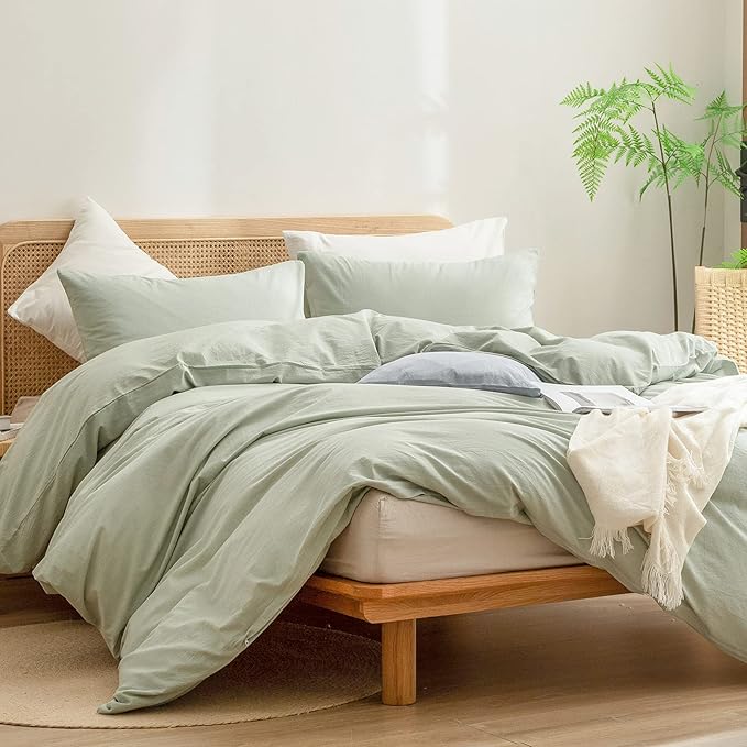 BESTOUCH Duvet Cover Set 100% Washed Cotton Linen Feel Super Soft Comfortable Chic Lightweight 3 PCs Home Bedding Set Solid Sage Green Oversized Queen