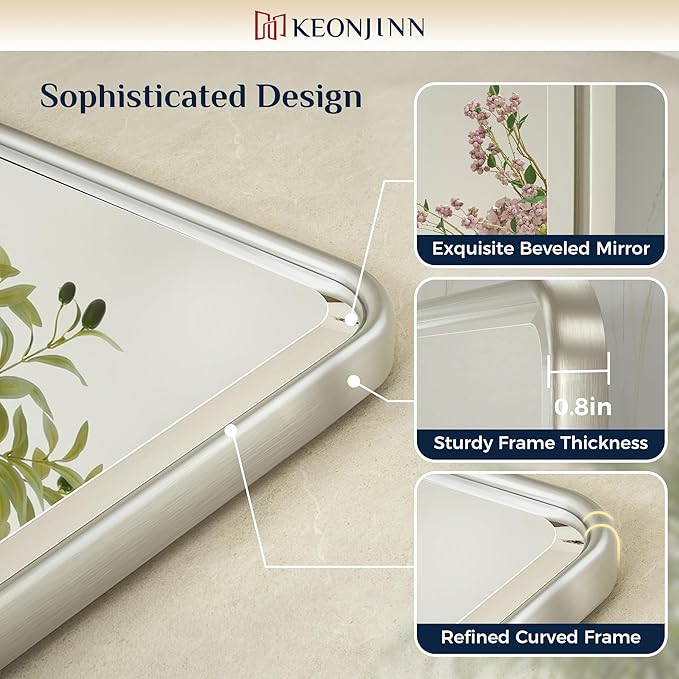 Keonjinn Brushed Nickel Pivot Mirror Bathroom, 20"x24" Tilt Mirror Bathrooms for Over Sink, Silver Rounded Corner Beveled Bathroom Mirror, Modern Metal Framed Vanity Mirrors (Horizontal/Vertical)