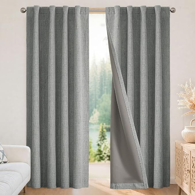 Joydeco 100% Blackout Curtains for Bedroom - Natural Linen Curtains 37" W x 96" L Long, Thermal Insulated 2 Panels Light Grey. Room Darkening Light Blocking Drapes for Living Room