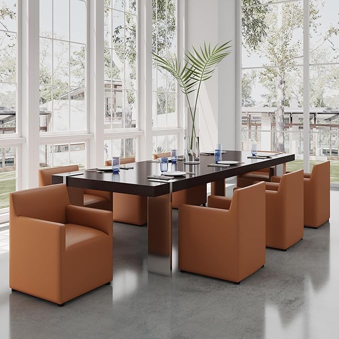 Manhattan Comfort Anna Square Modern Dining Chair with Arms, Head-to-Toe Faux Leather Upholstered Accent Armchair with Plastic Foot Padding, Set of 1, Saddle