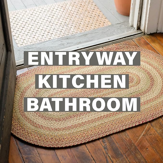 Homespice Harvest Premium Jute Braided Area Rug, 2x6' Rectangular Hall Runner Beige - Tan - Red, Natural Jute Yarn Rustic, Country, Primitive, Farmhouse Style - 30 Day Risk Free Purchase