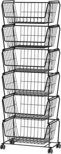 PUSDON Stackable Metal Storage Carts, Dual Use Shelf for Kitchen Fruit Vegetable Baskets with Wheels, Storage Rack for Living Room, Home & Office, Standard Black 6 Tiers