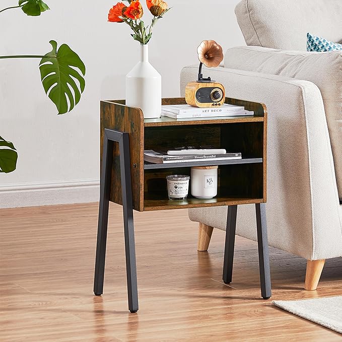 VECELO Nightstand Industrial Side End Table/Stackable Accent Furniture with 2-Tier Open Storage Compartments for Bedroom,and Small Spaces