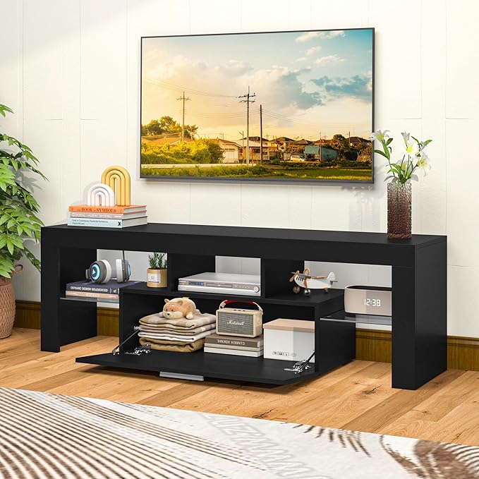 Clikuutory Modern Lighting 51 inch TV Stand with Large Storage Drawer for 32 40 50 55 Inch TVs, TV Console with 20 Color LED Lights, Entertainment Center Media and Open Shelf for Bedroom, Black