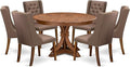 F7FO7-50N-18 - 7-Piece Dining Room Set Contains A Kitchen Table and 6 Brown Polyester Fabric Parsons Chairs with Button Tufted Back, Antique Walnut