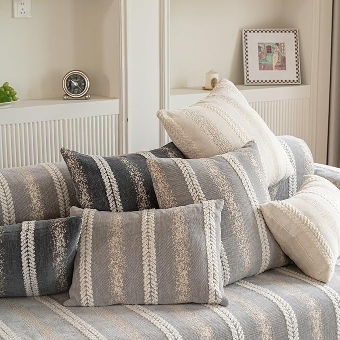 Pack of 1 Decorative Throw Pillow Covers 12x20 Inch, Pillow Cases for Living Room Couch Bedroom Farmhouse Home Decor, Soft Stripe Chenille Cushion Covers for Sofa Grey,20''x20''