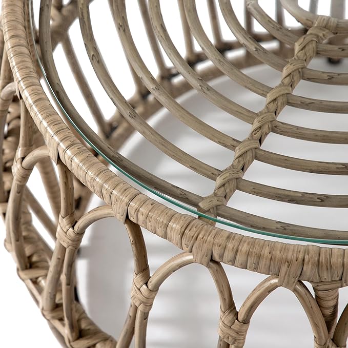 Muse & Lounge Co. Ysar Boho Rattan Round Coffee Table Outdoor with 5mm Tempered Glass Top, All-Weather and Rust Resistant Patio Furniture
