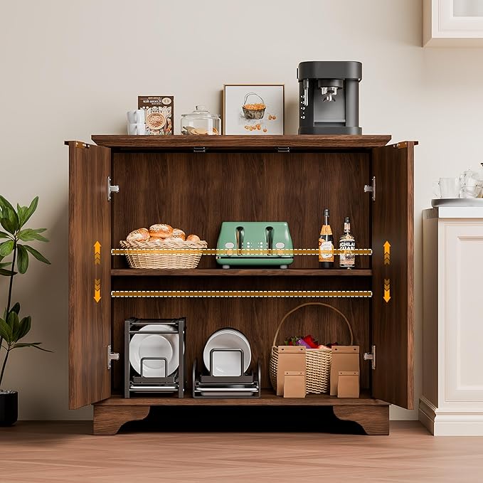 31" Buffet Sideboard Cabinet with Storage, 2 Door Coffee Bar Cabinet Credenza with Shelves, Console Table for Entryway Kitchen, Walnut
