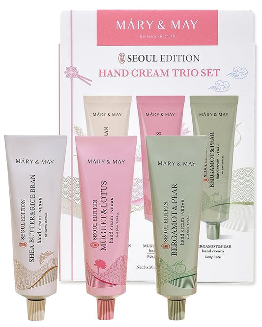 Mary&May SEOUL EDITION Shea Butter & Rice Bran Hand Cream Trio Set - Korean Nourishing Vegan Hand Moisturizer for Soft, Healthy Hands - 3 Different Formula & Scent, 1.69oz. 3ea