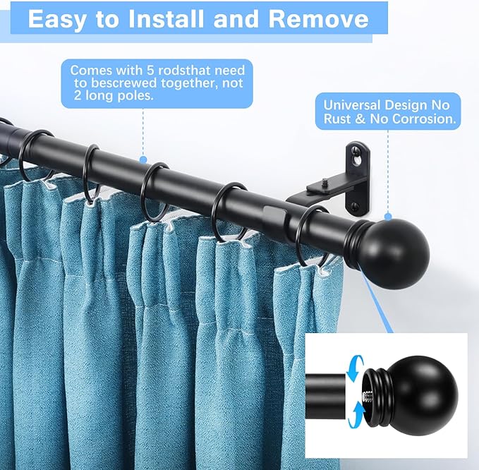 Curtain Rods for Windows 16 to 76 Inches, Curtain Rod Max Adjustable Length of 88 IN, 6/8" Diameter Drapery Rods Round Finials, Black, Pack of 1