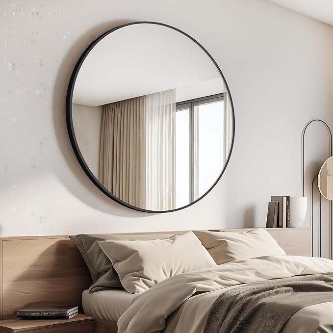 Black Round Mirror 39 inch Large Circle Mirror, Aluminum Alloy Metal Frame Bathroom Mirror, Round Wall Mirror, Circle Mirrors for Wall Entryway Bedroom Living Room