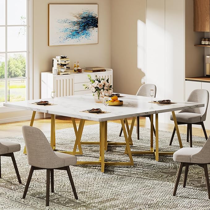 Tribesigns Square Dining Table for 10, 31.5" Modern White Dinner Table with Metal Base, Kitchen Table for Dining Room, Small Space, Apartment, White & Gold