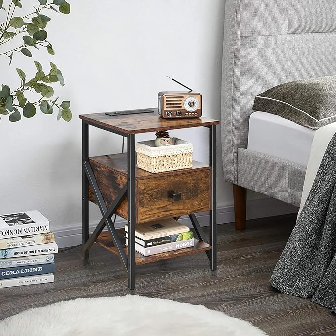 Nightstand Set of 2 with Charging Station and USB Ports, End Table Set of 2 with Outlets, Bedside Table End Tables with Drawer, Small Night Stand for Bedroom, Side Table, Living Room, Brown